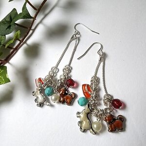 Silver Chain Dog Charm Drop Earrings